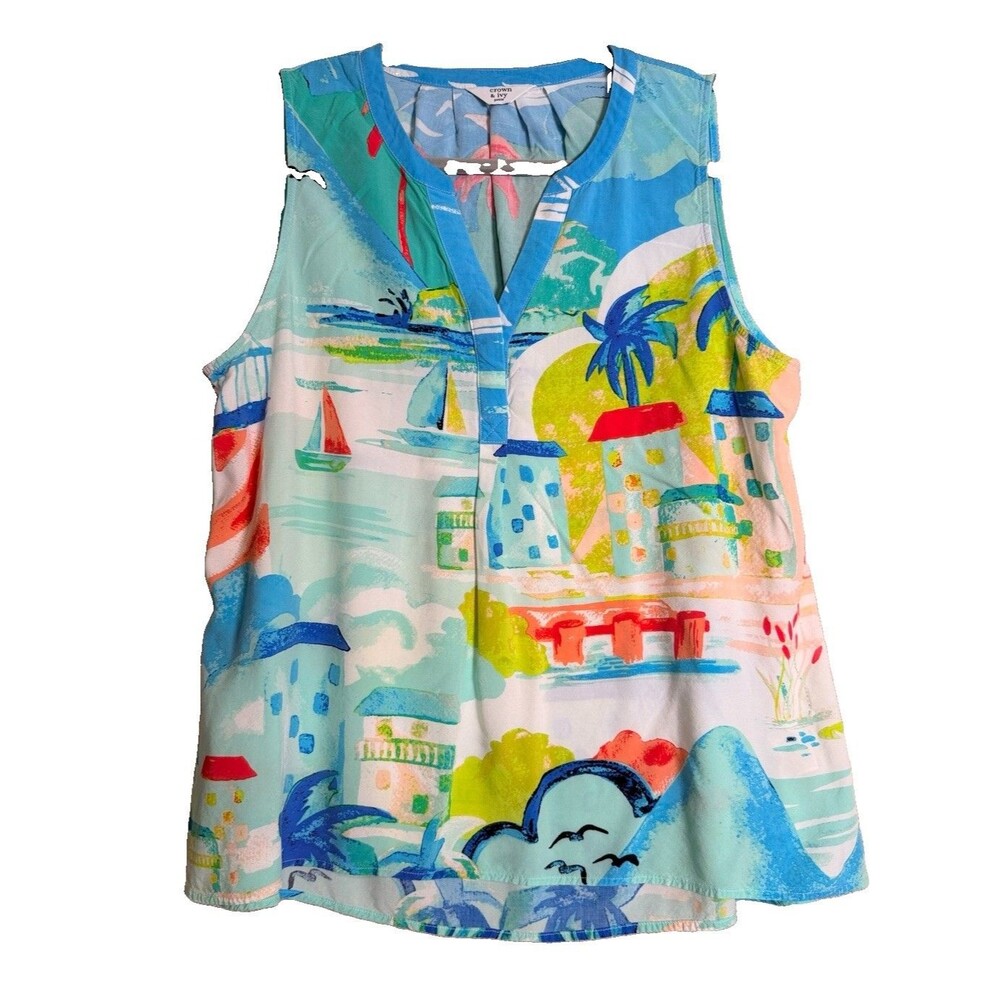 Crown & Ivy Top Womens XL Petite Blue Tropical Novelty Print Coastal Grandmacore